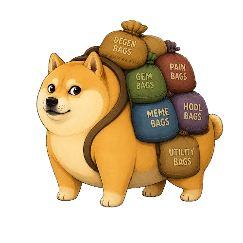 Dogemothy carrying his meme coin bags